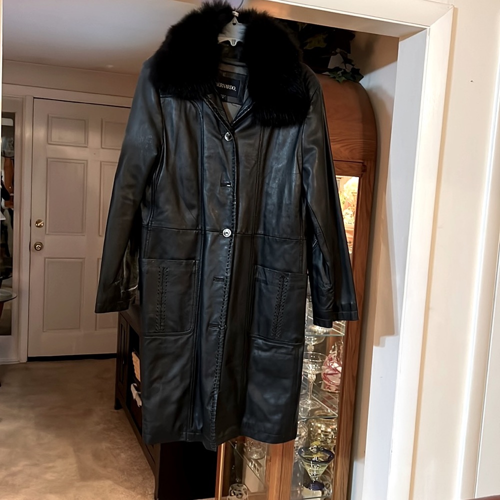 Womans black full length genuine leather coat with removable fox collar